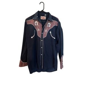 Tejas Western Cowboy Shirt Men's L/40 Brown Horseshoe Embroidered Rodeo FLAW